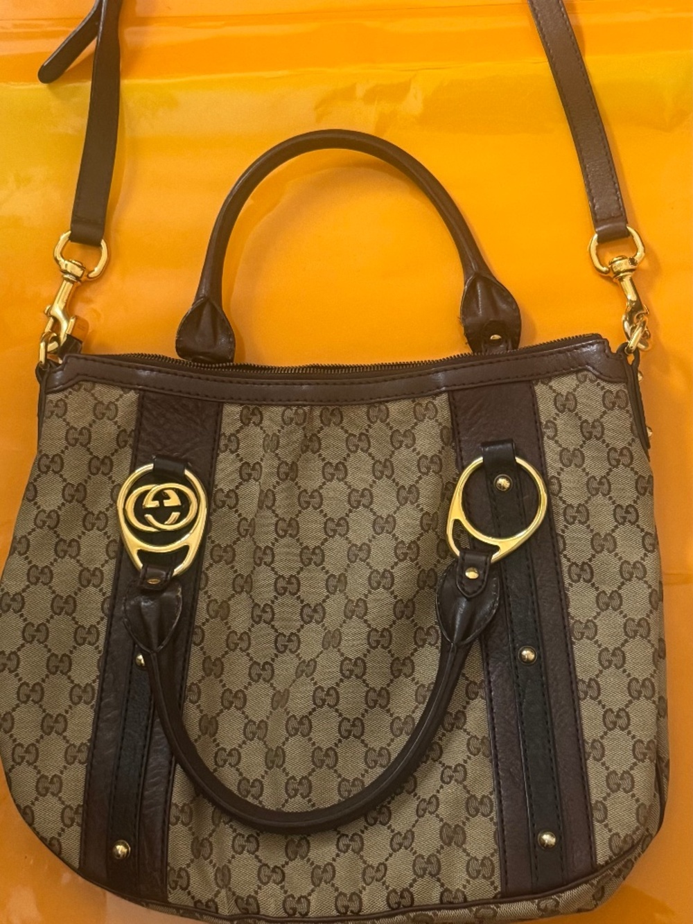 Gucci GG Canvas Vintage Twins Tote Bag Brown
